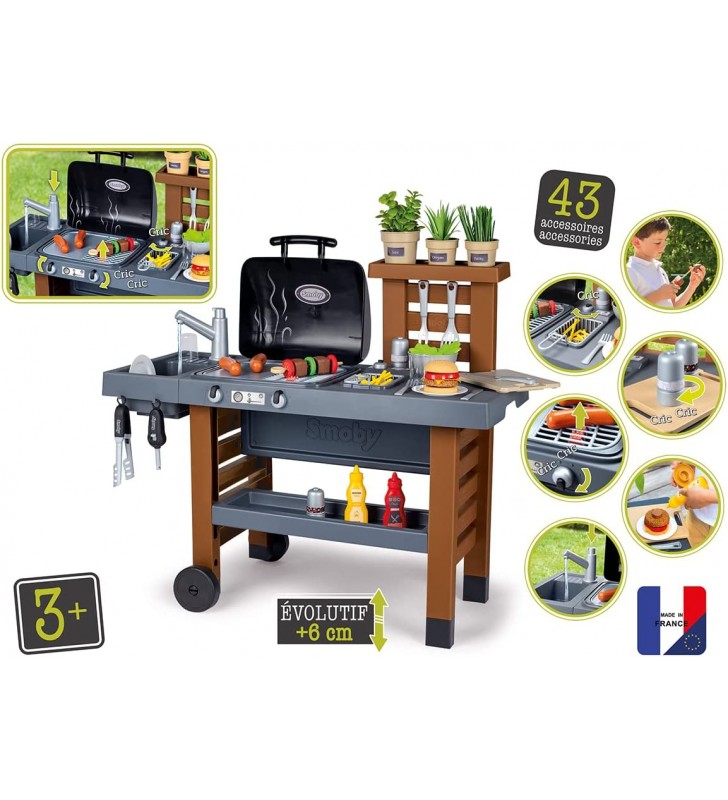 Smoby 7600312004 312004 Evolutive Outdoor Grill with Retractable Magic Flames-40 Garden Kitchen-Includes 43 Accessories