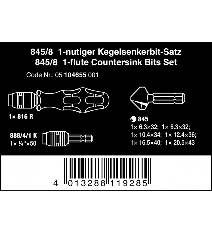 Wera 845/8 05104655001 Countersink set 8-piece 6.3 mm, 8.3 mm, 10.4 mm, 12.4 mm, 16.5 mm, 20.5 mm HSS 1/4" (6.3 mm) 1 S