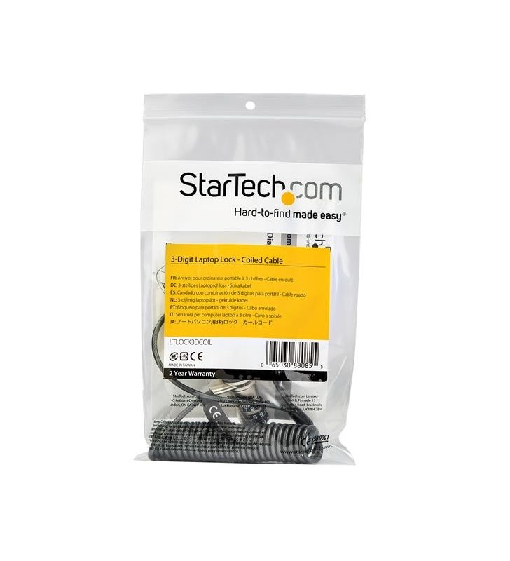 StarTech.com LTLOCK3DCOIL cabluri cu sistem de blocare Negru, Din oţel inoxidabil