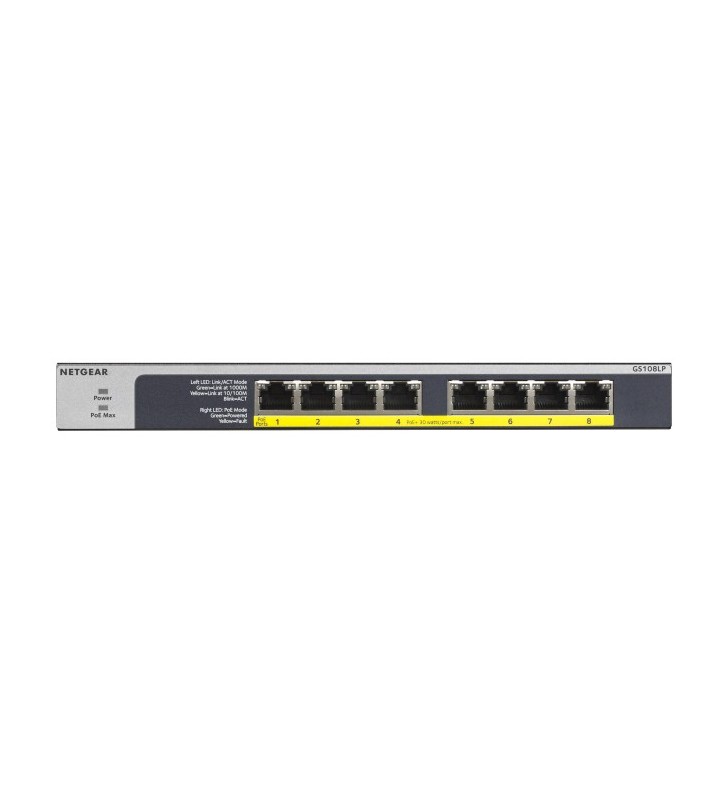 Netgear GS108LP Fara management Gigabit Ethernet (10/100/1000) Negru, Gri 1U Power over Ethernet (PoE) Suport