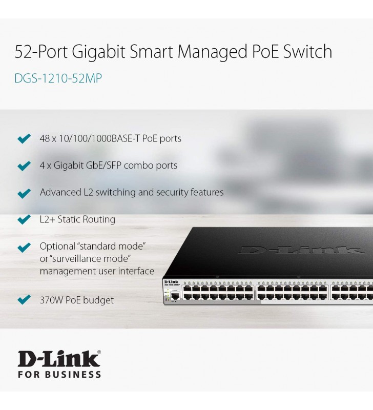 Conmutador PoE+ D-Link, 48 52 puertos Smart Managed Layer 2+ Gigabit Ethernet con 4 puertos Gigabit RJ45/SFP Combo y 370W PoE Budget (DGS-1210-52MP)