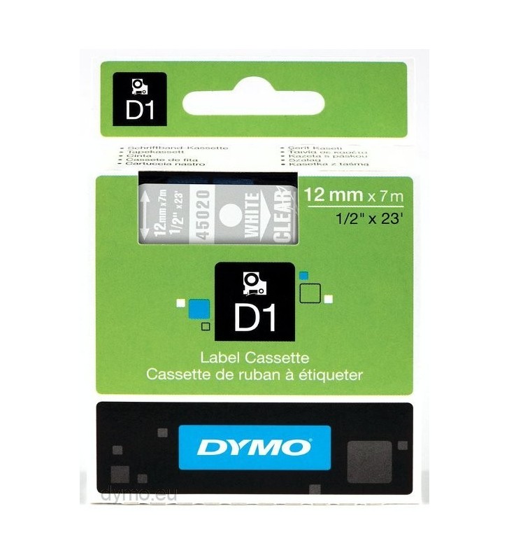 DYMO D1 Standard - White on Transparent - 12mm benzi pentru etichete Alb pe transparente