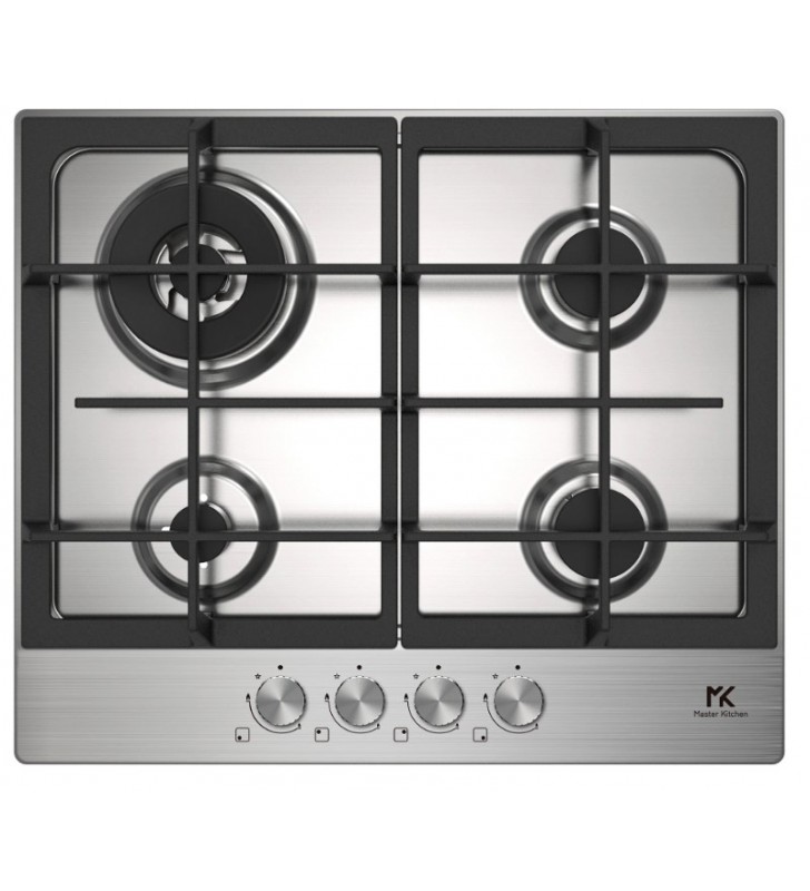 Plita gaz Master Kitchen, gama Edge, design inox, 60 cm, 4 arzatoare, gratare fonta, arzator wok, aprindere integrata, sistem siguranta