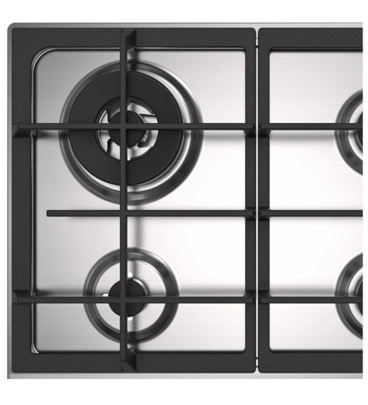 Plita gaz Master Kitchen, gama Edge, design inox, 60 cm, 4 arzatoare, gratare fonta, arzator wok, aprindere integrata, sistem siguranta
