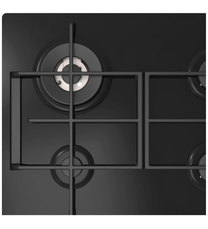 Plita gaz Master Kitchen, gama Edge, design sticla neagra, latime 60 cm, 4 arzatoare, gratare fonta, arzator wok, aprindere integrata, siguranta arzatoare
