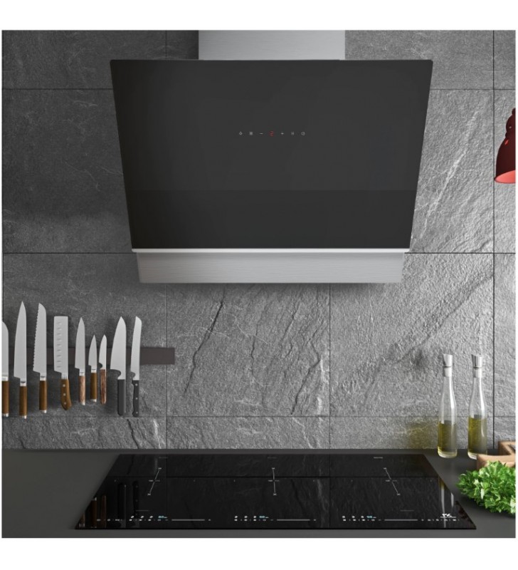 Hota tangentiala Master Kitchen, design sticla neagra, latime 60cm, clasa A, control slide touch, putere 800m3/h, 2 filtre aluminiu