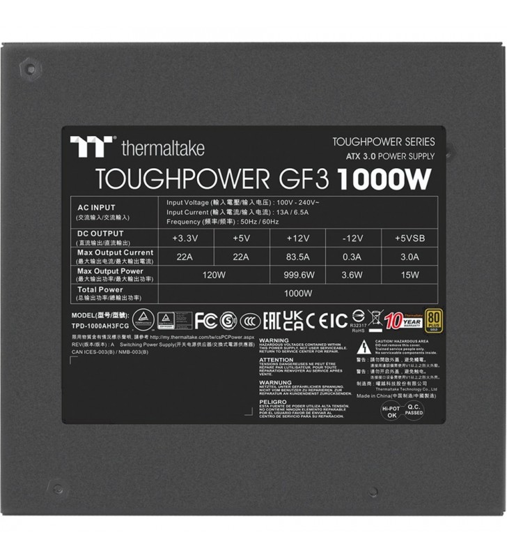 Thermaltake Toughpower GF3 1000W, sursa PC (negru, 5x PCIe, management cablu, 1000 wați