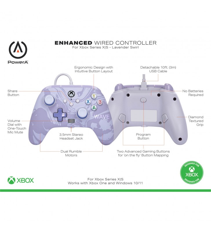 Controler cu fir îmbunătățit PowerA pentru Xbox Series X|S, Gamepad (lavandă, vârtej de lavandă)