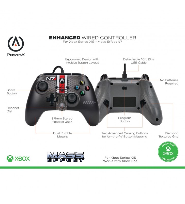 Controler cu fir îmbunătățit PowerA pentru Xbox Series X|S, Gamepad (negru/rosu, Mass Effect N7)