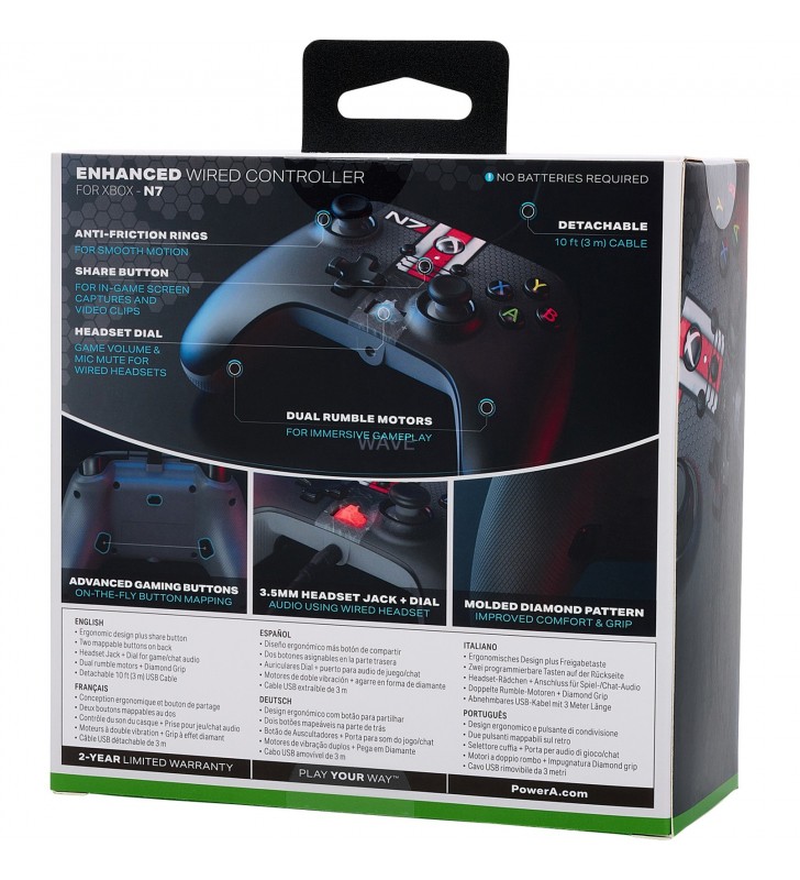 Controler cu fir îmbunătățit PowerA pentru Xbox Series X|S, Gamepad (negru/rosu, Mass Effect N7)