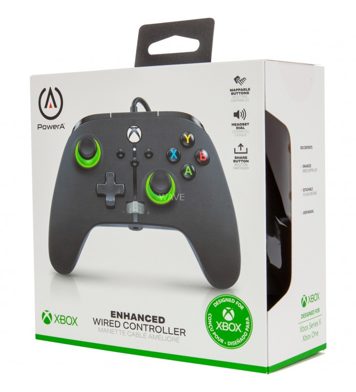 Controler cu fir îmbunătățit PowerA pentru Xbox Series X|S, Gamepad (negru/verde, indiciu verde)