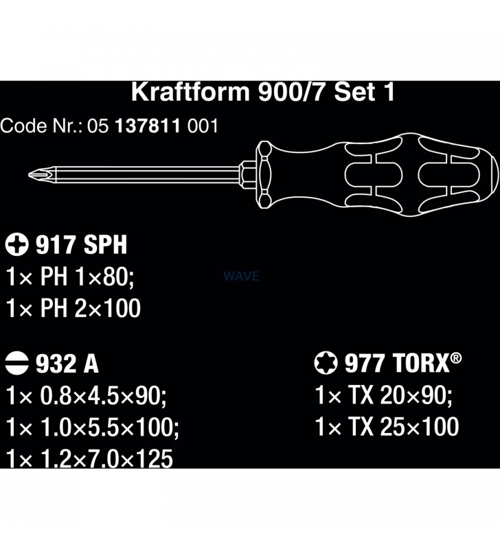 Set de șurubelnițe Wera Kraftform Plus 900/7 Set 1 (negru/galben, 7 piese, capac de percuție, vârf Black Point)