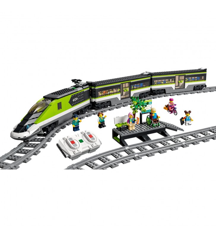 Jucărie de construcție a trenului glonț pentru pasageri LEGO 60337 City (Set de tren R/C cu faruri, 2 vagoane și 24 de elemente de șină)