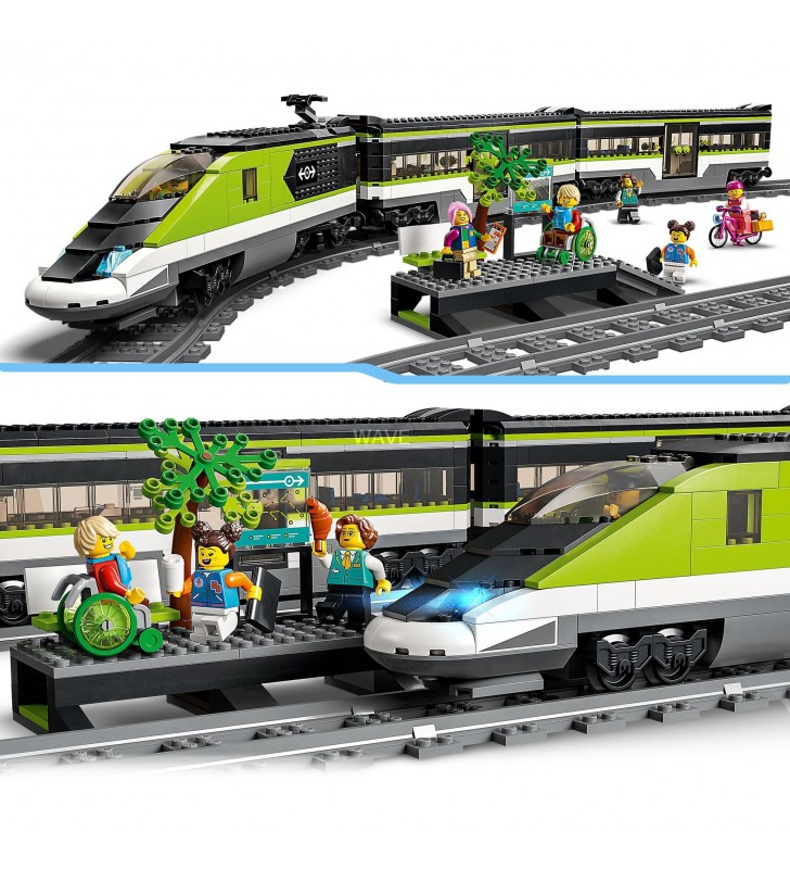 Jucărie de construcție a trenului glonț pentru pasageri LEGO 60337 City (Set de tren R/C cu faruri, 2 vagoane și 24 de elemente de șină)