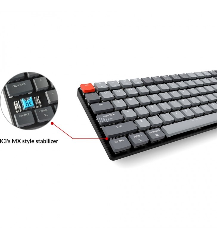 Tastatură pentru jocuri Keychron K3 versiunea 2 (negru/gri, aspect DE, Keychron Low Profile Optical Blue, hot-swap, cadru din aluminiu)