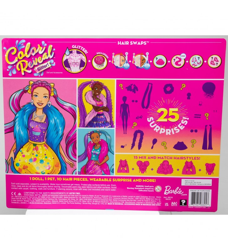 Mattel Barbie Color Reveal Sclipici! Papusa de schimbare a parului roz glitter cu 25 de surprize