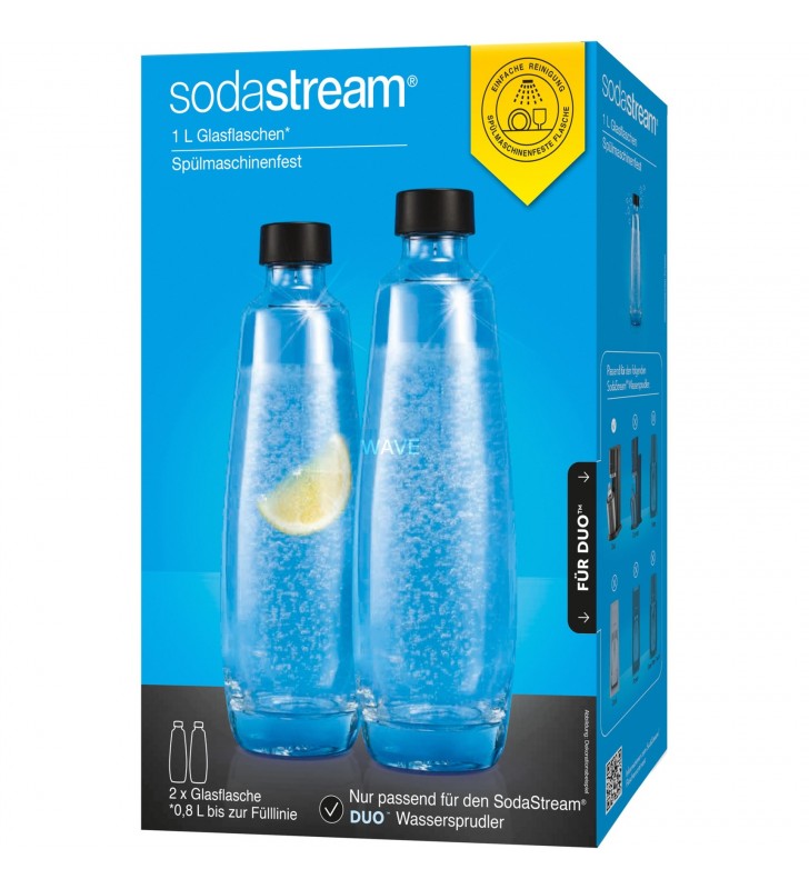 Sticla de sticla SodaStream DUO, 1 litru, pachet 2, ulcior (transparent/negru, pentru barbotatoare DUO)