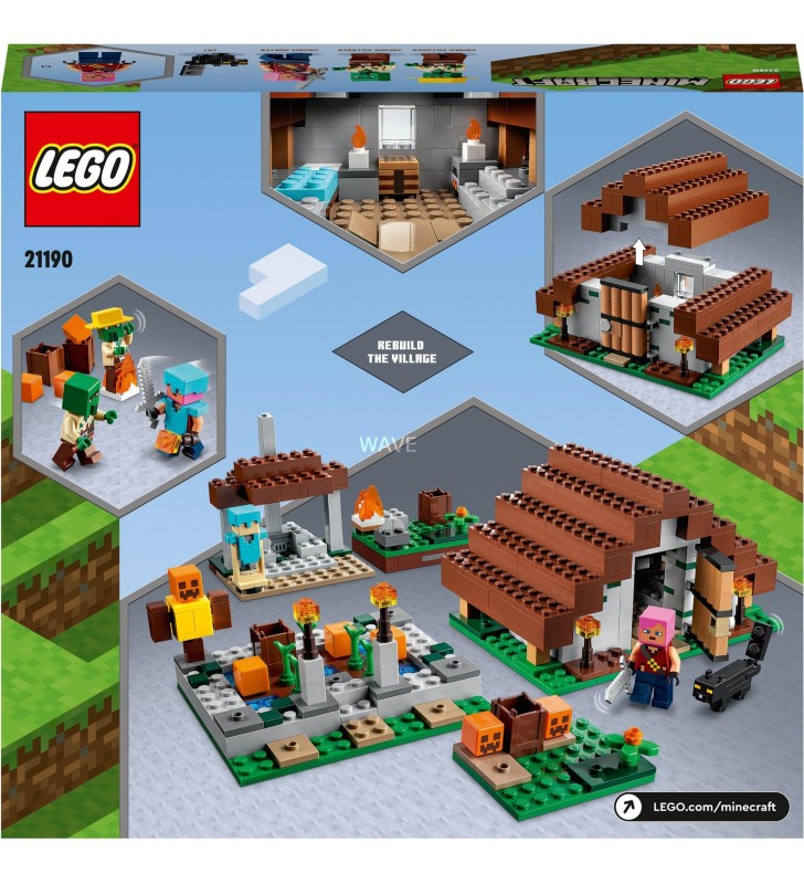 Jucărie de construcție LEGO 21190 Minecraft Satul abandonat (cu tabără de vânători de zombi, atelier, fermă și casă, sătean de zombi și pisică)