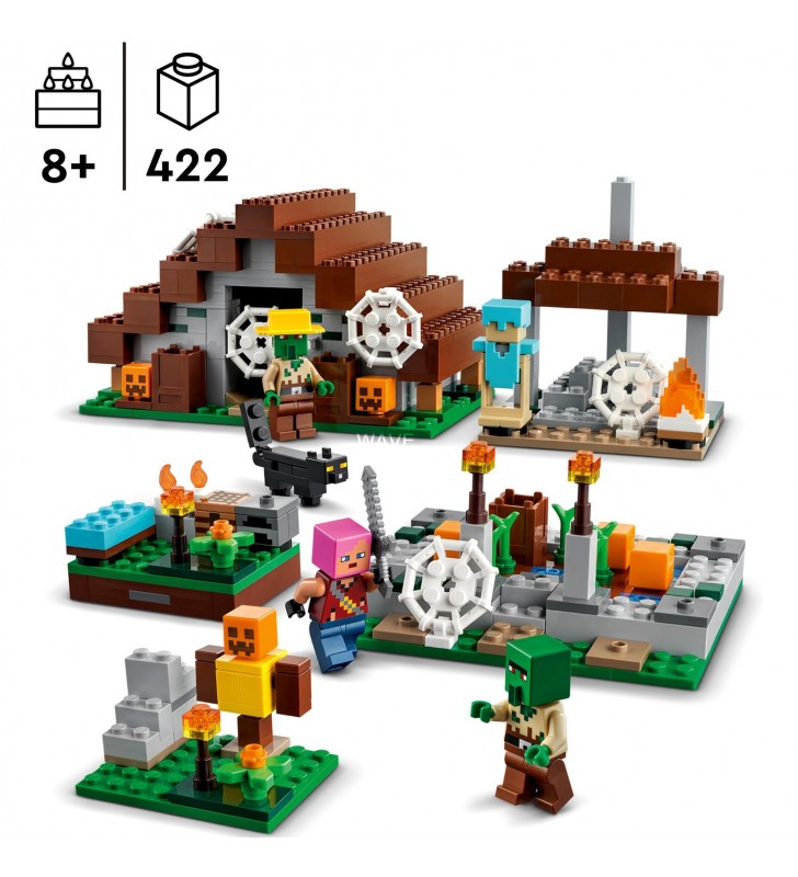 Jucărie de construcție LEGO 21190 Minecraft Satul abandonat (cu tabără de vânători de zombi, atelier, fermă și casă, sătean de zombi și pisică)