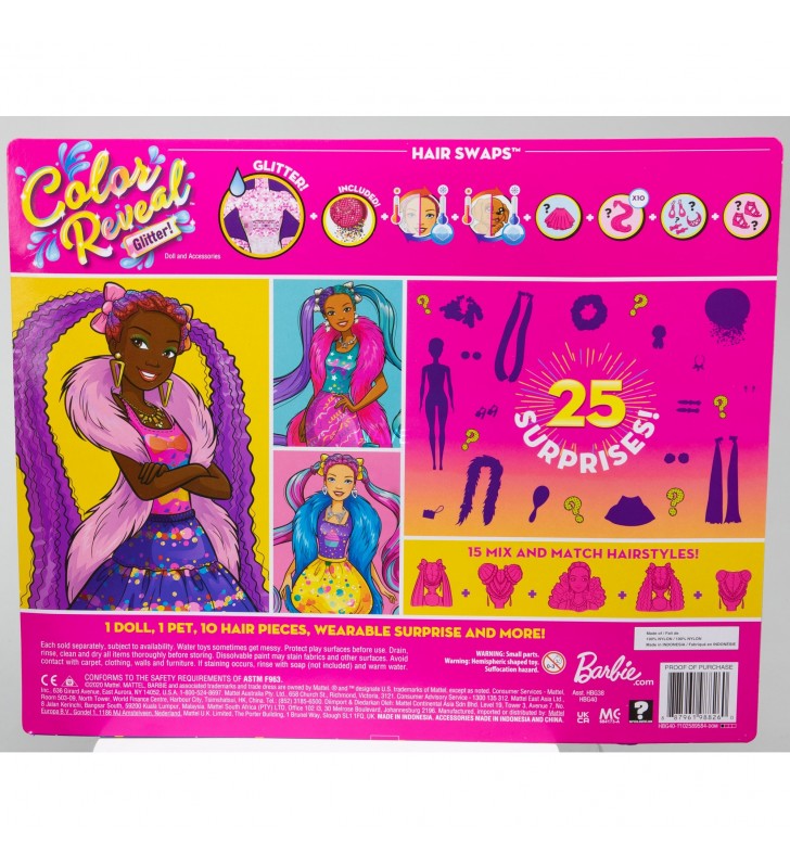 Mattel Barbie Color Reveal Sclipici! Papusa de schimbare a parului sclipici albastru cu 25 de surprize