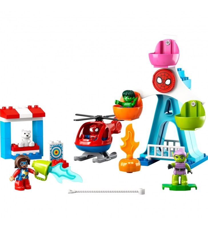 Jucărie de construcție LEGO 10963 DUPLO Marvel Spider-Man & Friends Fairground Adventures (parcul de distracții cu elicopter de jucărie, Hulk și figurina spiriduș verde)