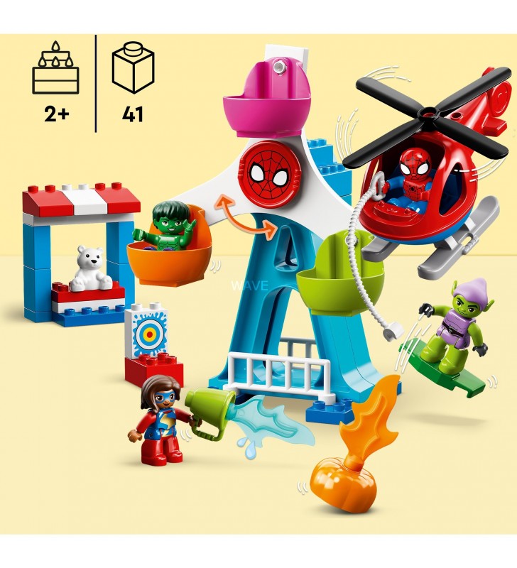 Jucărie de construcție LEGO 10963 DUPLO Marvel Spider-Man & Friends Fairground Adventures (parcul de distracții cu elicopter de jucărie, Hulk și figurina spiriduș verde)