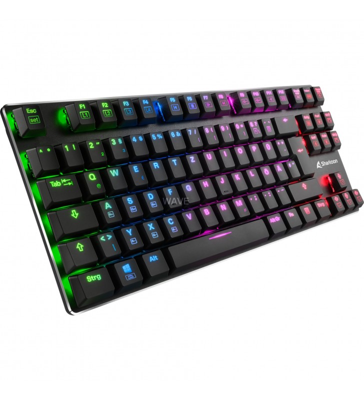 Sharkoon PureWriter TKL RGB, tastatură pentru jocuri (negru, aspect DE, Kailh Choc Low Profile Red)