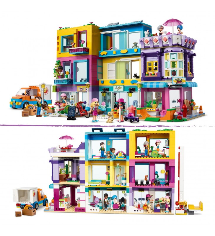 Bloc de apartamente LEGO Friends 41704 Heartlake City cu jucării de construcție pentru salon de coafură și cafenea (Cu 7 mini-păpuși)