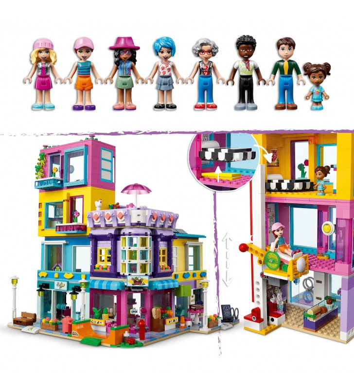 Bloc de apartamente LEGO Friends 41704 Heartlake City cu jucării de construcție pentru salon de coafură și cafenea (Cu 7 mini-păpuși)