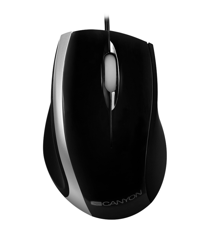 CANYON wired optical mouse with 3 buttons, DPI 1000, USB2.0, Black/Silver, cable length 1.2m, 107*71.5*39.8mm, 0.078kg
