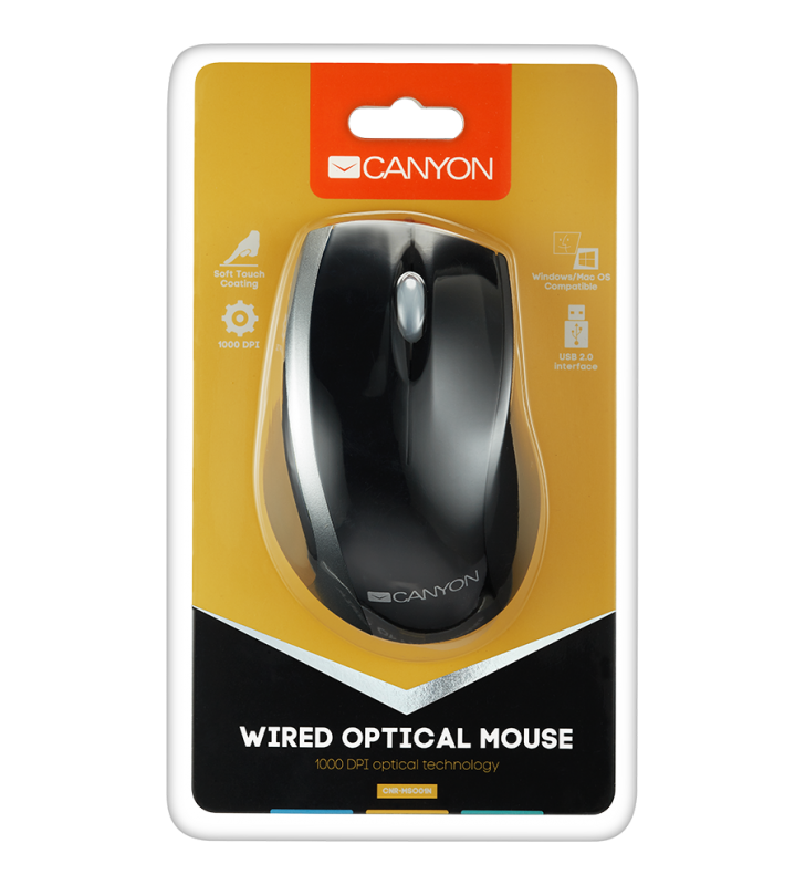 CANYON wired optical mouse with 3 buttons, DPI 1000, USB2.0, Black/Silver, cable length 1.2m, 107*71.5*39.8mm, 0.078kg