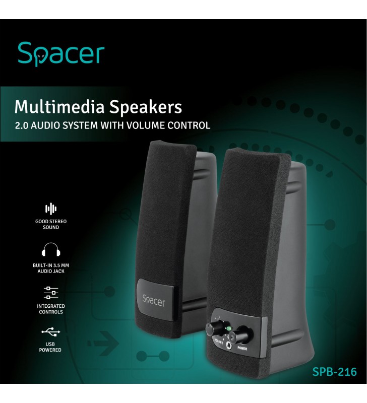 BOXE SPACER 2.0, RMS:  6W (2 x 3W), control volum, mufa casti, USB power, black, "SPB-216"(include timbru verde 0.5 lei)/43501