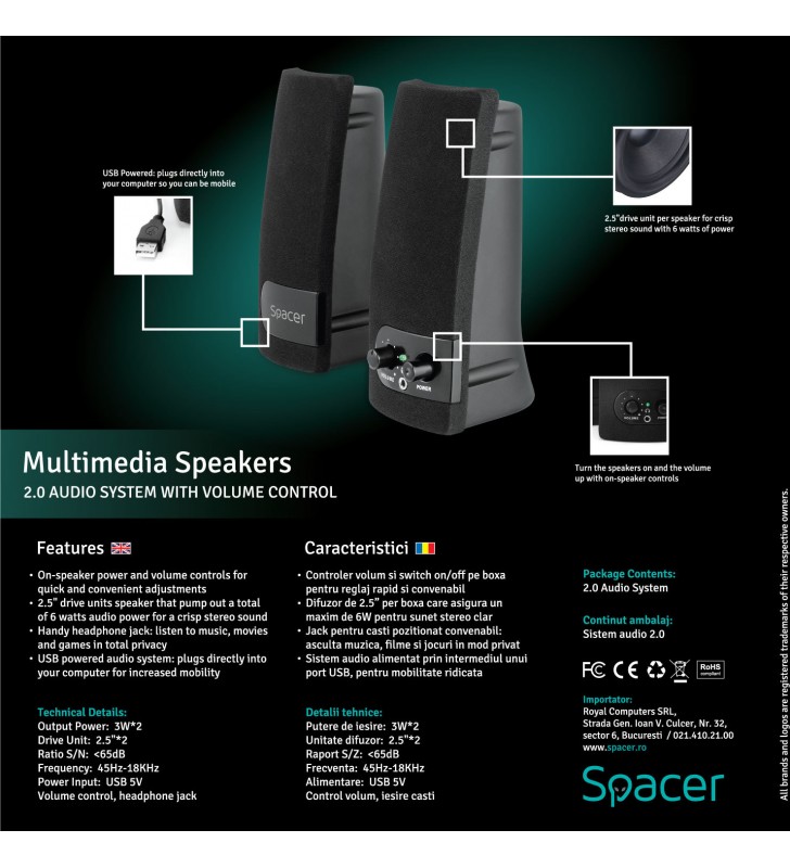 BOXE SPACER 2.0, RMS:  6W (2 x 3W), control volum, mufa casti, USB power, black, "SPB-216"(include timbru verde 0.5 lei)/43501