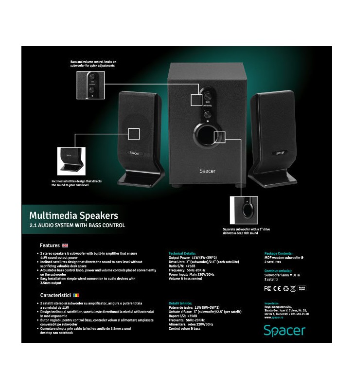 BOXE SPACER 2.1, RMS: 11W (2 x 3W + 5W), control volum, bass, 220V alimentare, black, "SPB-2200" (include timbru verde 2 leu)