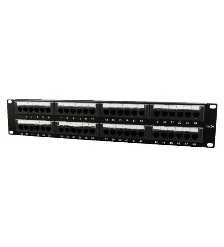 PATCH PANEL GEMBIRD 48 porturi, Cat5e, 1U pentru rack 19", suport posterior pt. gestionare cabluri, black, "NPP-C548CM-001"