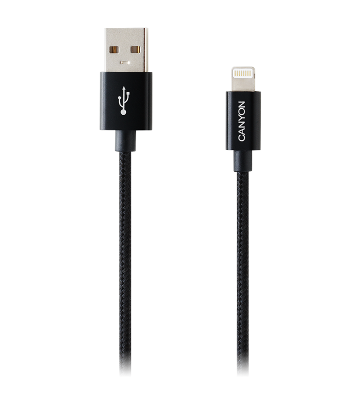 Canyon Lightning USB Cable for Apple, braided, metallic shell, cable length 1m, Black, 14.9*6.8*1000mm, 0.02kg