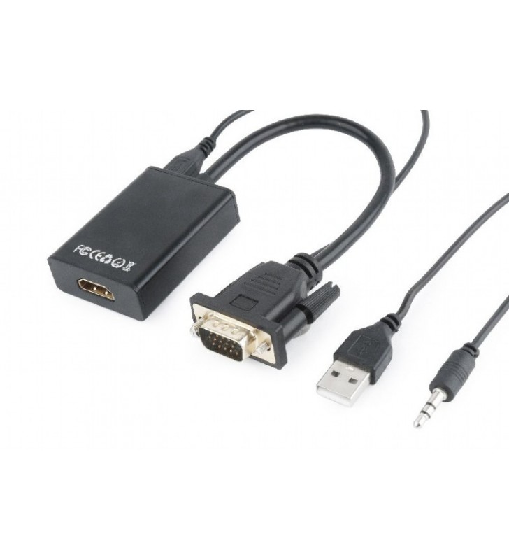 CABLU video GEMBIRD, adaptor VGA (T) + Jack 3.5mm (T) la HDMI (M), 15cm, rezolutie maxima Full HD (1920 x 1080) la 60Hz, conecte