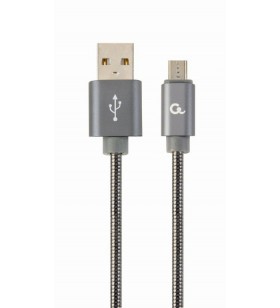 CABLU USB2.0 la Micro-USB  GEMBIRD  1m,  (AM/BM), premium spiral metal, metallic-grey, "CC-USB2S-AMmBM-1M-BG"