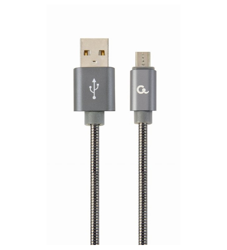 CABLU USB2.0 la Micro-USB  GEMBIRD  1m,  (AM/BM), premium spiral metal, metallic-grey, "CC-USB2S-AMmBM-1M-BG"