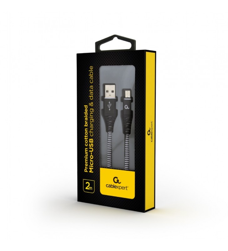 CABLU USB2.0 la Micro-USB  GEMBIRD  2m,  (AM/BM), cotton braided premium, black&ampwhite, "CC-USB2B-AMmBM-2M-BW"