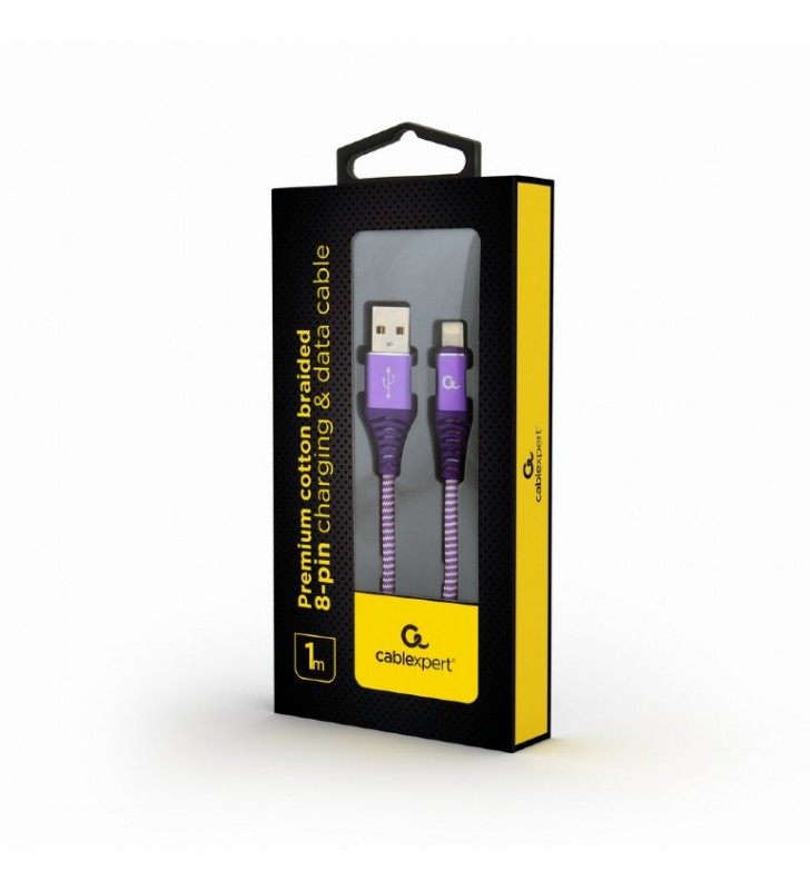 Premium cotton braided 8-pin charging and data cable, 1 m, purple/white "CC-USB2B-AMLM-1M-PW"