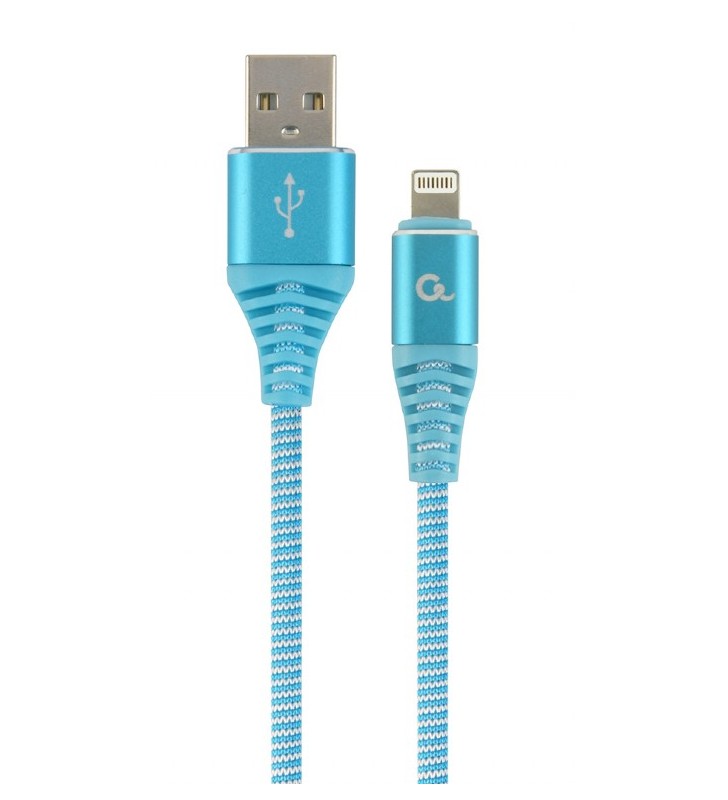 Premium cotton braided 8-pin charging and data cable, 2 m, turquoise blue/white "CC-USB2B-AMLM-2M-VW"