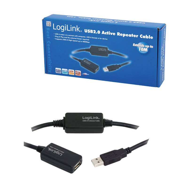 LOGILINK UA0143 LOGILINK - Cablu Active Repeater USB 2.0 cu amplificator activ de semnal, 10m