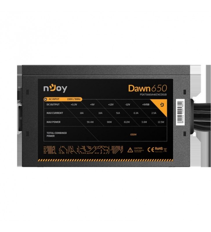 nJoy | Dawn 650 | PSAT5065A40CNCO01B | 650 W | Activa | 1 x 20+4 pin ATX, 1 x 4+4 pin ATX 12V | 2 x 6+2 pin PCI-E, 5 x SATA, 3 x