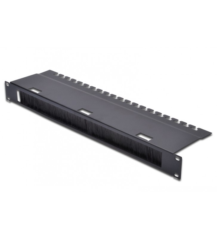 DIGITUS 1U cable management panel with 30x400 mm brush 480x120 mm cable fixing tray, black (RAL 9005)