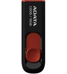 USB 2.0 ADATA  16GB, clasic, conector USB retractabil, Black &amp Red, "AC008-16G-RKD"(include timbru verde 0.01 lei)