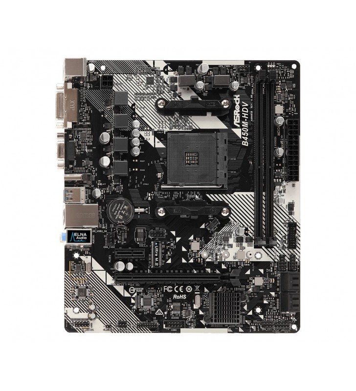 Placa de baza ASROCK AMD B450M-HDV R4.0, B450M-HDV R4.0, 2 DIMMs, Supports DDR4 3200+, 1 PCIe 3.0 x16, 1 PCIe 2.0 x1, 6 USB 3.1 