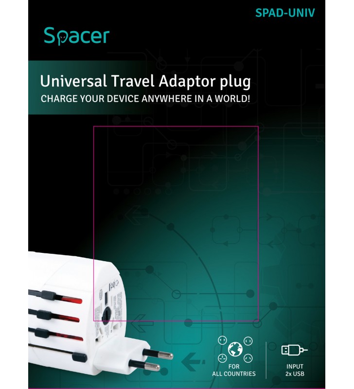 ADAPTOR priza SPACER   universal + 2 x USB, util in 150 tari, white, "SPAD-UNIV"/45505994