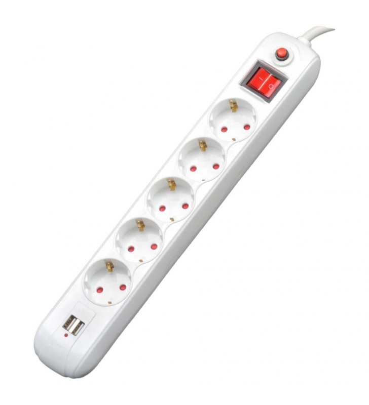 PRELUNGITOR SPACER  5 x prize Schuko, 2 x USB, 1.8m, 16A, cu intrerupator si protectie, white, Spacer Externsion, "PP-5-18 USB\