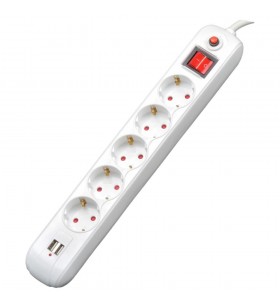PRELUNGITOR SPACER  5 x prize Schuko, 2 x USB, 3m, 16A, cu intrerupator si protectie, White, Spacer Externsion, "PP-5-30 USB"/